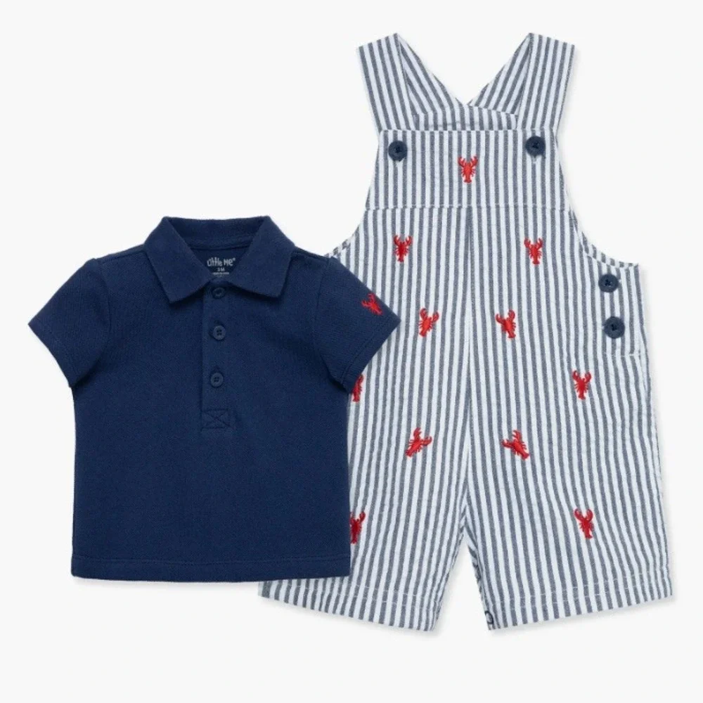 Little Me Lobster Shortall and Polo Set Baby‎ Boys 3M Navy Blue Striped 2-Piece